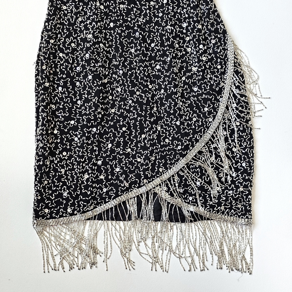 A.J. Bari Petites Silk Hand Beaded Fringe Cocktail Dress Black Silver Gatsby 20s - Picture 4 of 15